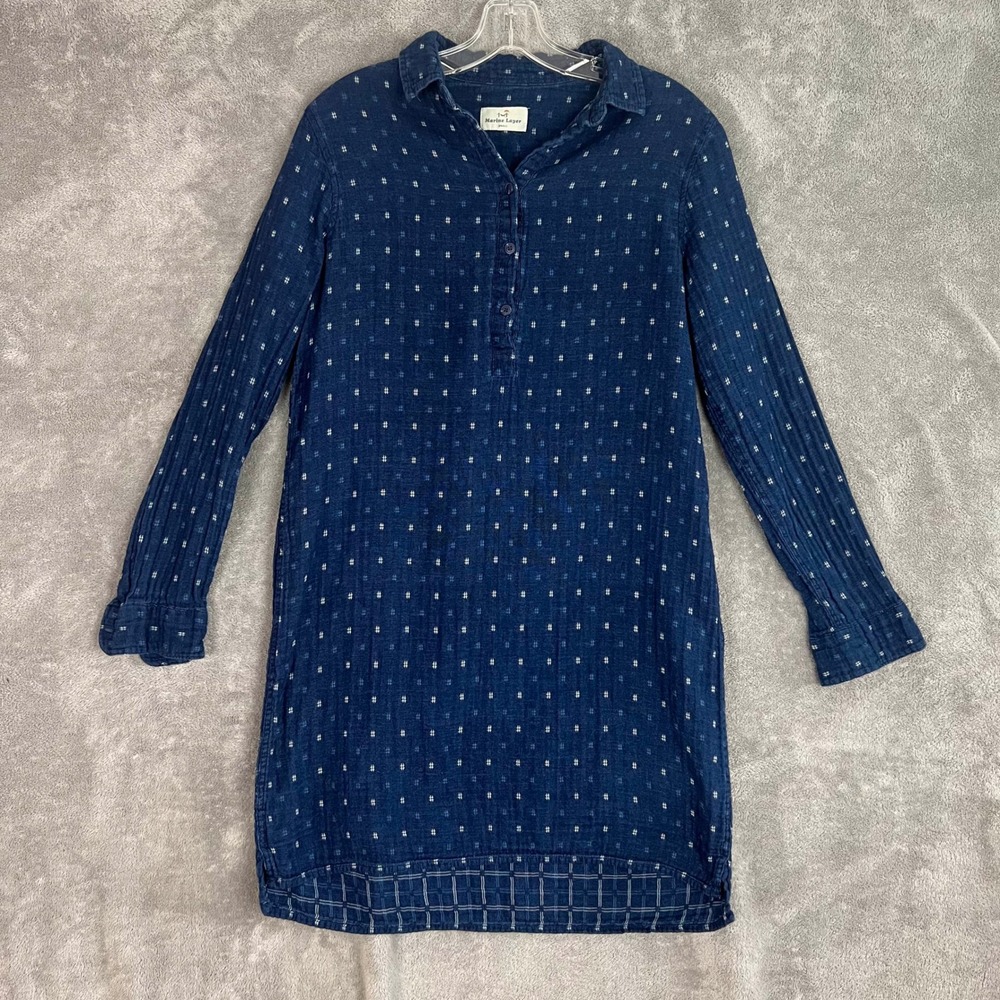 Marine Layer Double Cloth Shirt Dress Womens S Short Blue Plaid Long Sleeve